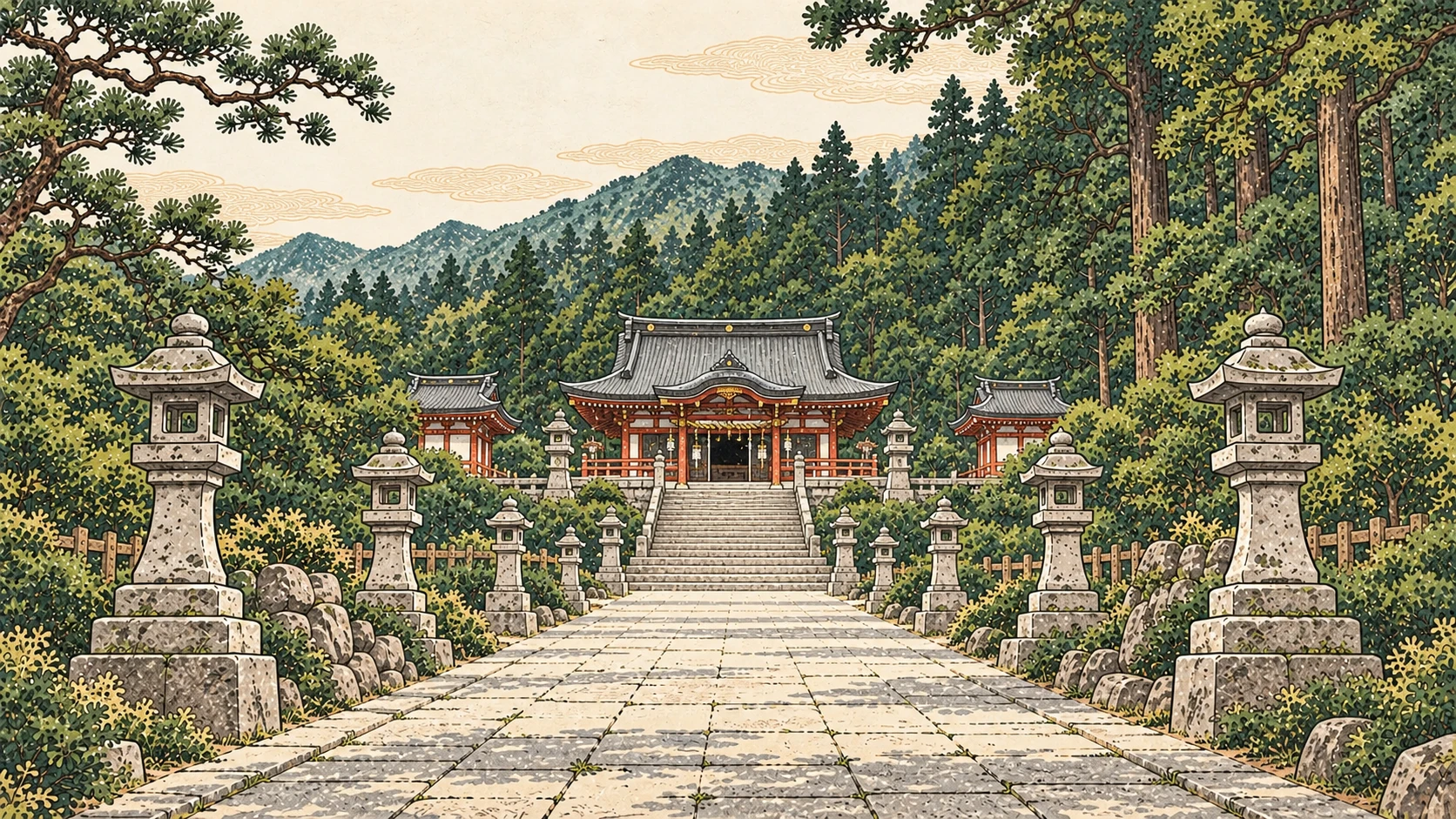 石灯籠の並ぶ参道の奥に、戸を開いた社が待つ浮世絵調の風景