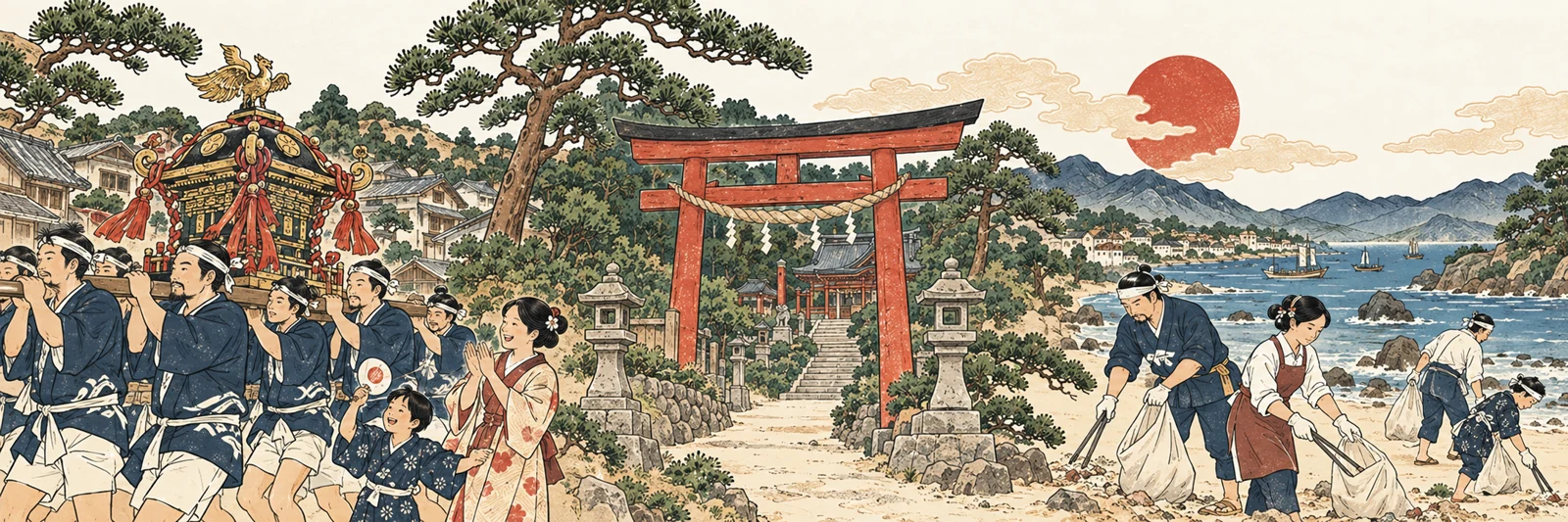 祭りの神輿、鳥居と参道、海辺の清掃活動へと続く地域の絵巻