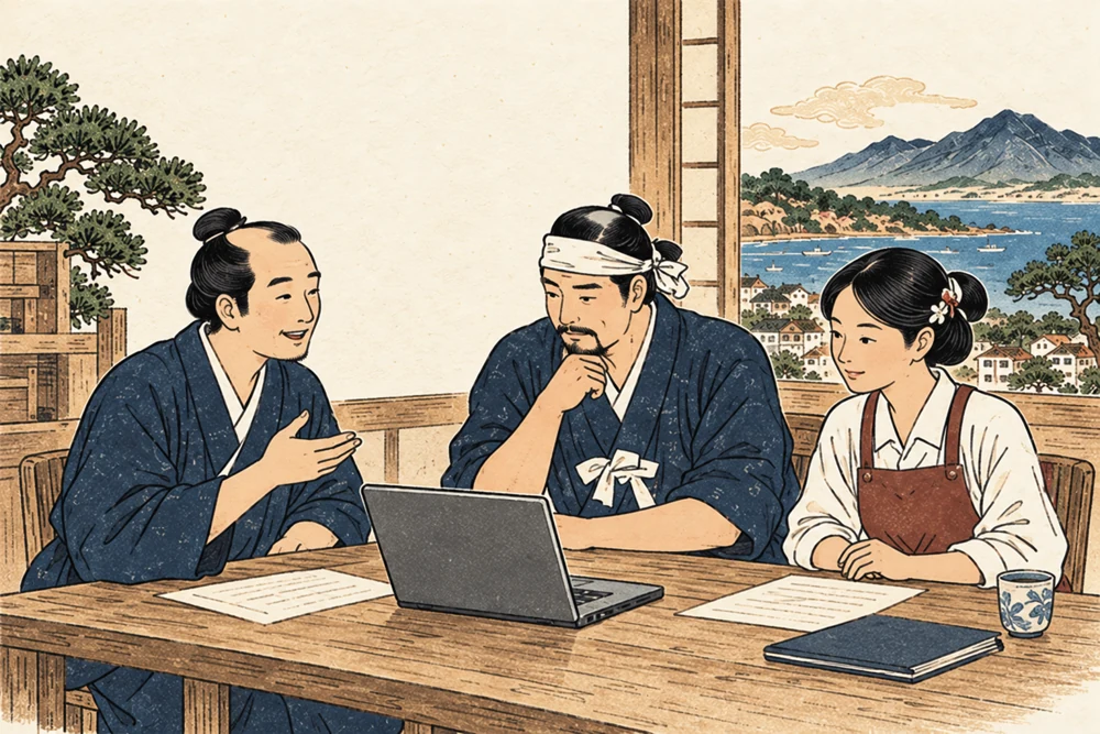 地域の企業で、机を囲んで対話する人たちのイラスト