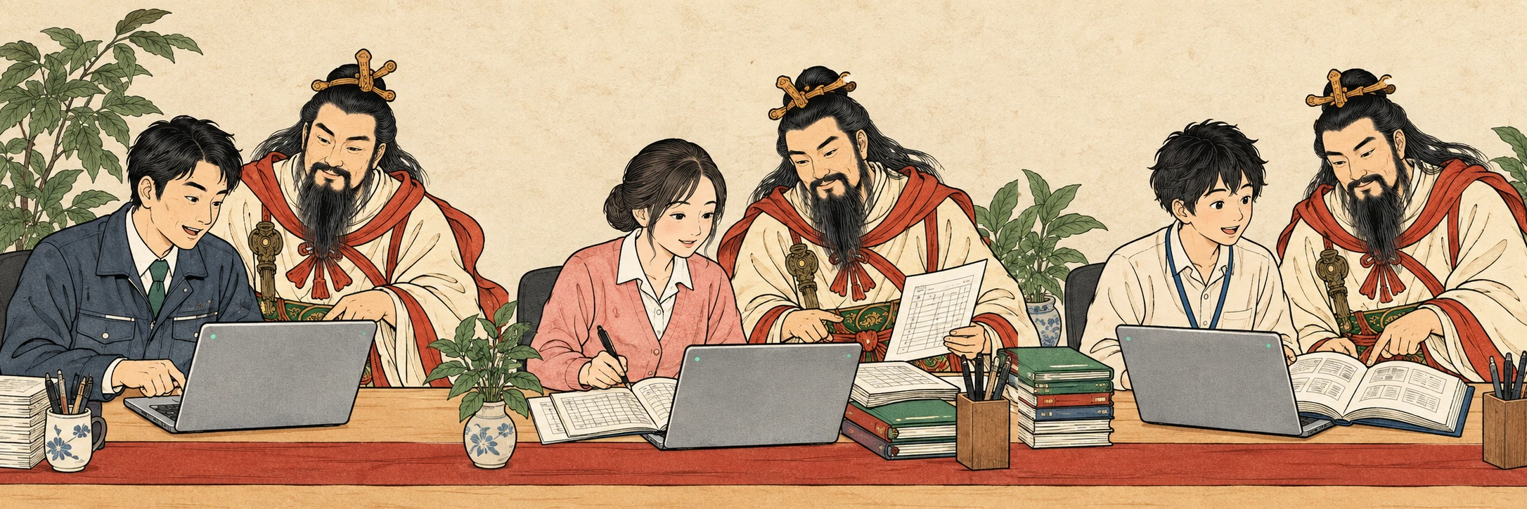 営業担当、総務担当、新人のそれぞれの隣で、専属AI秘書が仕事を支える絵巻